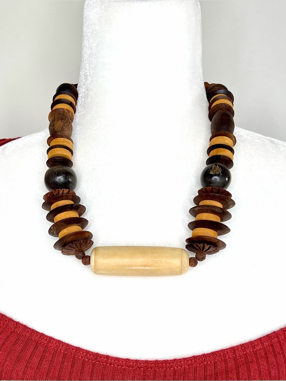 Wooden Beaded Necklace Boho Tribal Bohemian Statement Boho Wood 10 Inches